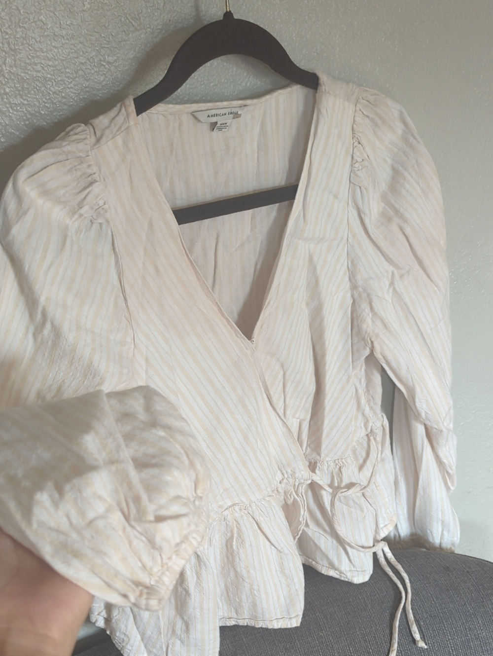 American Eagle Outfitters Cream Stripe Wrap Peplum Top Long Sleeve